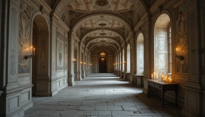 Obraz premium Serene Interior Hallway with Candlelight and Elegant Architecture