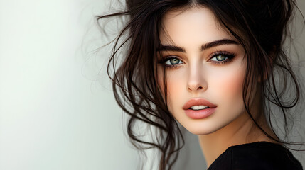 Naklejka premium Beautiful Woman Portrait Long Brunette Hair Makeup Closeup