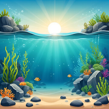 Ocean or sea underwater background. Empty sandy bottom with seaweeds grow at rocks and air bubbles floating at sunlight beam falling from above. Marine scene, undersea life Cartoon vector illustration
