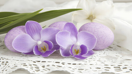Pastel Easter eggs, orchids, lace, spring