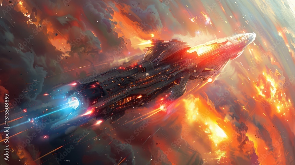 Poster a striking depiction of a vibrant angular spaceship soaring through an intense light vortex, capturi