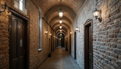 Serene Brick Hallway with Warm Lighting and Elegant Architecture