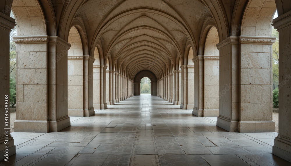 Poster serene arched hallway in elegant stone architecture with columns