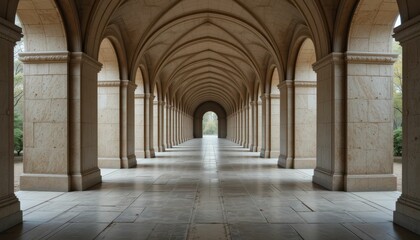 Fototapeta premium Serene Arched Hallway in Elegant Stone Architecture with Columns