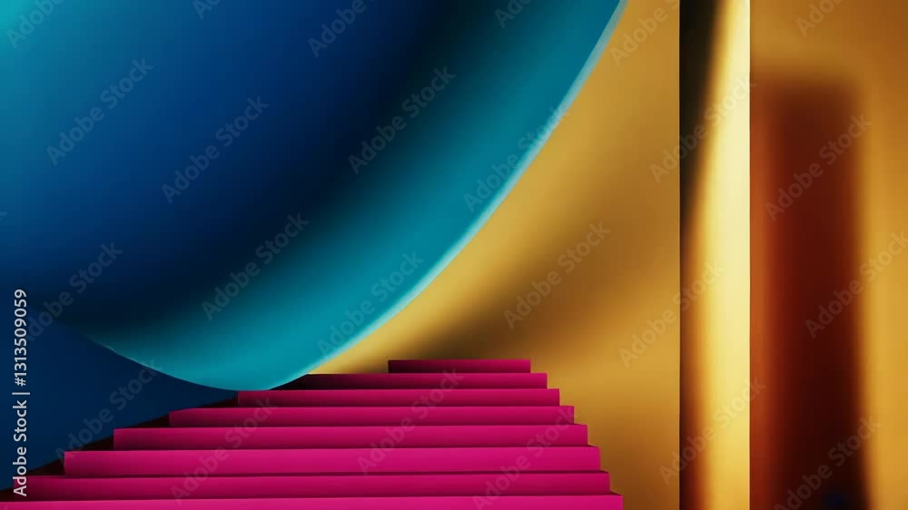 Poster a blue and yellow wall with a blue and purple circle. there is a red step stool in the middle of the