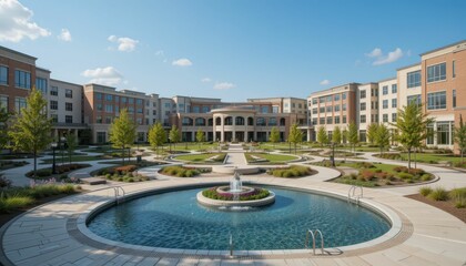 Modern Urban Landscape with Fountain and Lush Garden Area