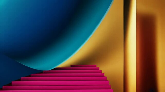 A blue and yellow wall with a blue and purple circle. There is a red step stool in the middle of the wall