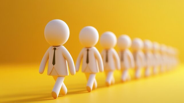 A series of animated business figures walk in line against a vibrant yellow background. This image symbolizes teamwork, growth, and a clear path to success, ideal for corporate presentations.