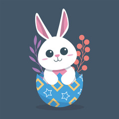 white rabbit on egg shell in isolated flat design