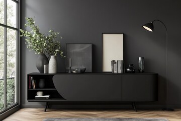 Modern dark gray living room with black sideboard and artwork