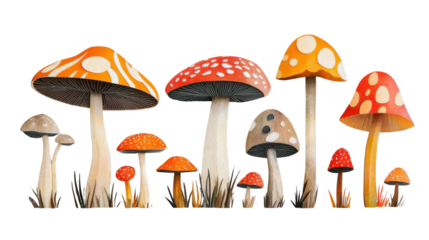 Colorful mushrooms growing in the grass with transparent background