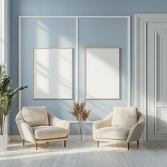 Light-filled living room with beige armchairs and blank frames
