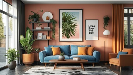 Modern living room interior with fireplace and comfortable furniture