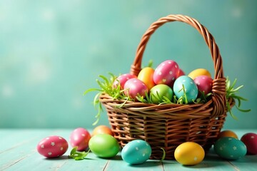 Wicker basket overflowing with colorful decorated eggs , illustration, spring, chick