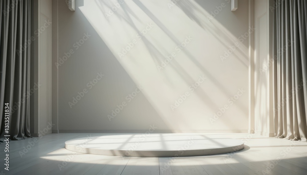Poster bright empty stage with curtains and dramatic light patterns