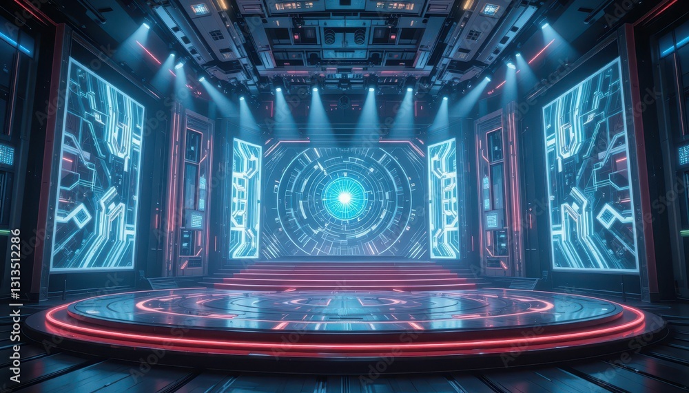 Poster futuristic stage design with neon lights and abstract patterns