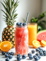 Summer-inspired tropical drink made with pineapple, orange, and watermelon juice served with blueberries on top
