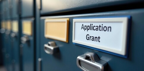 Close-up of application and grant folder labels on a filing cabinet, tags, order