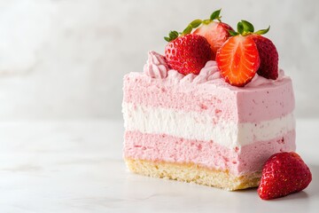 A delicious slice of pink strawberry mousse cake topped with fresh strawberries on a marble surface