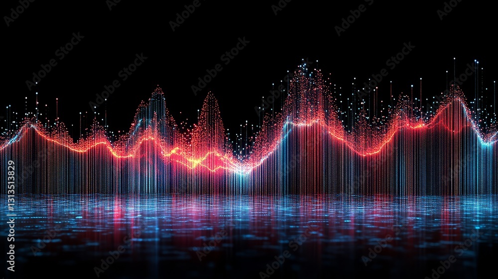 Poster abstract glowing equalizer waveform visualization with digital particle flow and reflections for mus