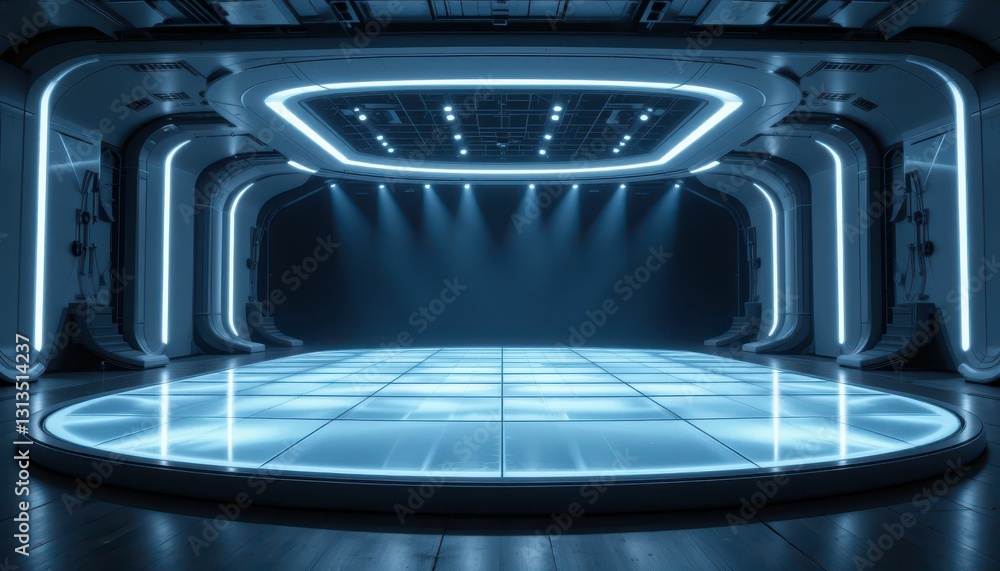 Poster futuristic empty stage with glowing led lights and dynamic design