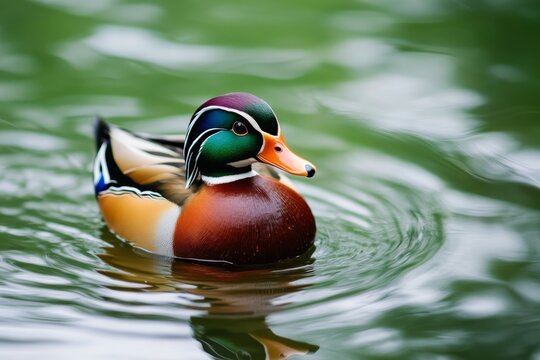 Colorful mandarin duck swimming gracefully in calm waters, showcasing vibrant plumage