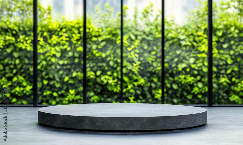 Poster empty circular platform by window with green foliage, ideal for product display