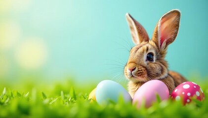 Fototapeta premium Fluffy bunny ears peek from colorful Easter eggs nestled in spring grass , cute, holiday, image