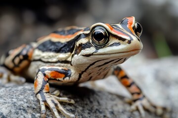Obraz premium Colorful frog resting on a rock in natural habitat near water during daylight