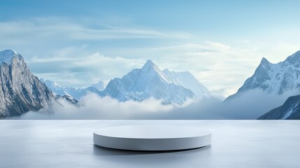 White sphere juxtaposed against majestic mountain range, a minimalist landscape photography
