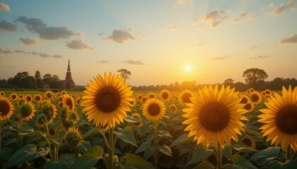Obraz premium Sunflowers Blooming Under Golden Sunset in Scenic Rural Landscape