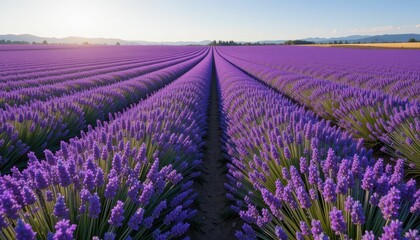 Obraz premium Vibrant Lavender Fields Under Bright Sky in Scenic Landscape