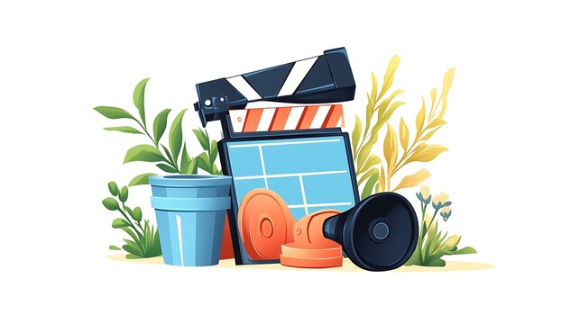 Vibrant Cartoon Illustration: Filmmaking Clapperboard and Props Amidst Lush Greenery AI Generated