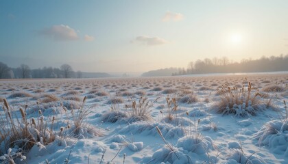 Serene Winter Landscape with Snowy Fields and Soft Sunlight