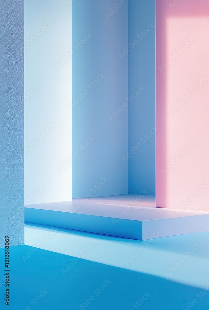 Poster minimalist abstract background with soft blue and pink lighting, geometric shapes and modern design 