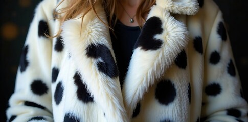 Luxurious dalmatian print faux fur coat with black spots, outerwear, trendy