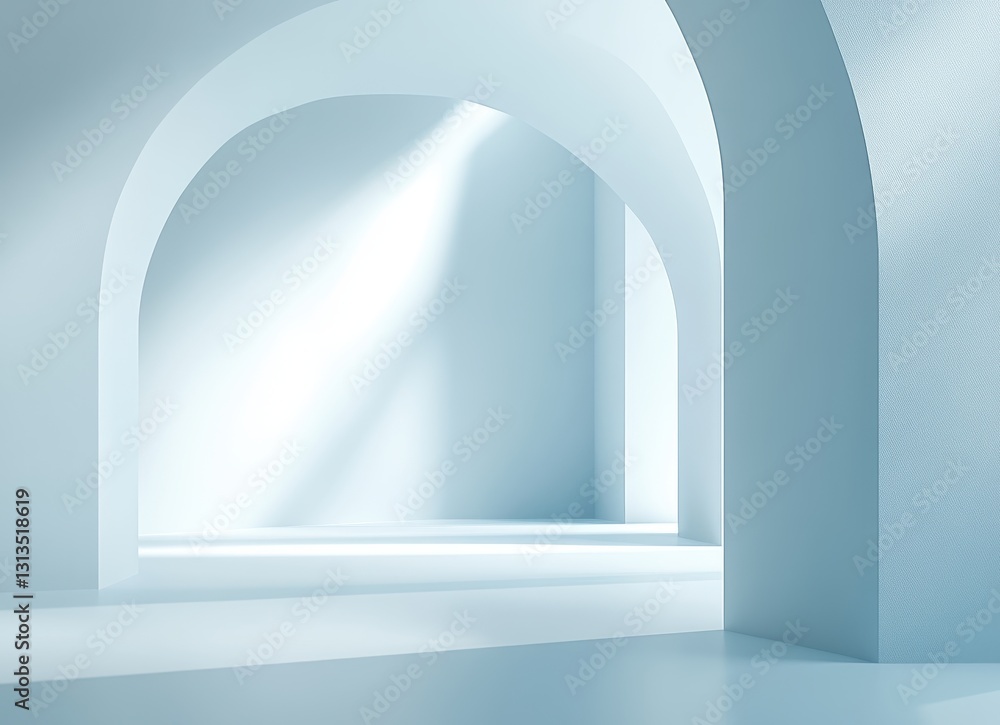 Poster minimalist architectural space with soft blue light and arched wall structures for contemporary inte
