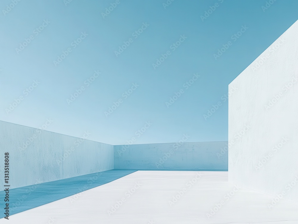Poster minimalist architecture with serene blue sky and geometric white structures in a tranquil, open spac