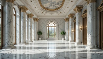 Fototapeta premium Elegant marble hall interior with grand windows and golden accents