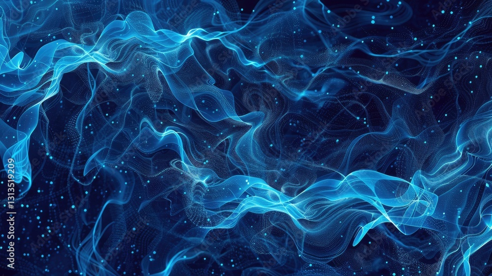 Poster this abstract image features flowing blue patterns against a dark background, creating a sense of de