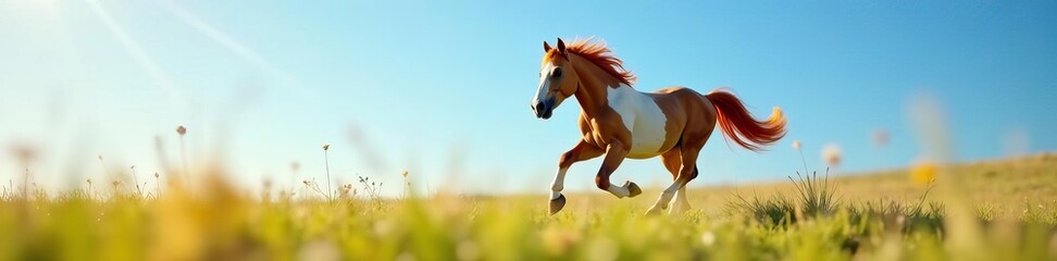 Obraz premium Miniature horse galloping in sunny paddock with blue sky background, blue sky, countryside