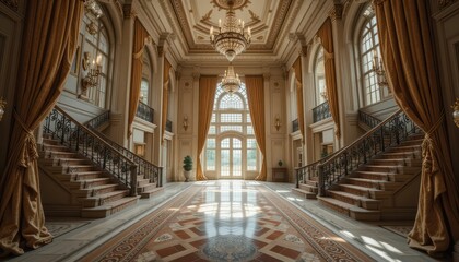 Naklejka premium Grand Interior of a Luxurious Foyer with Elegant Chandeliers
