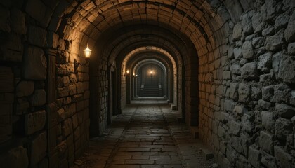 Obraz premium Dark Stone Corridor with Lanterns in an Ancient Underground Passage