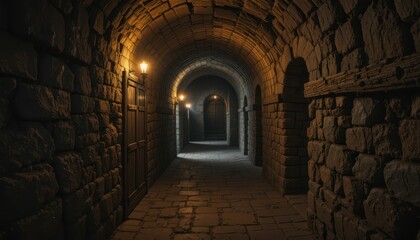 Dark Medieval Dungeon with Stone Walls and Soft Lighting