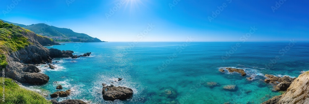 Poster coastal view of clear blue ocean and rocky shoreline under bright sunlight in a serene natural setti