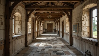Serene Stone Corridor with Wooden Beams and Natural Light