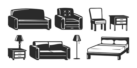 Modern Furniture Set – Black & White Sketch Illustration of Home Interiors