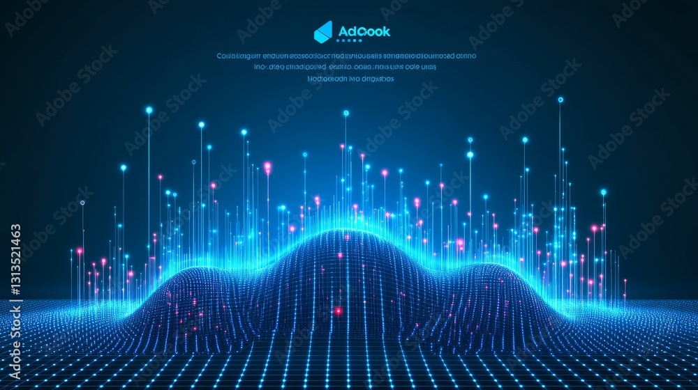 Poster abstract data visualization with blue light streaks and glowing particles for futuristic technology 