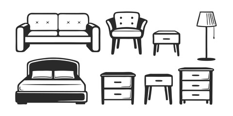 Modern Furniture Set – Black & White Sketch Illustration of Home Interiors