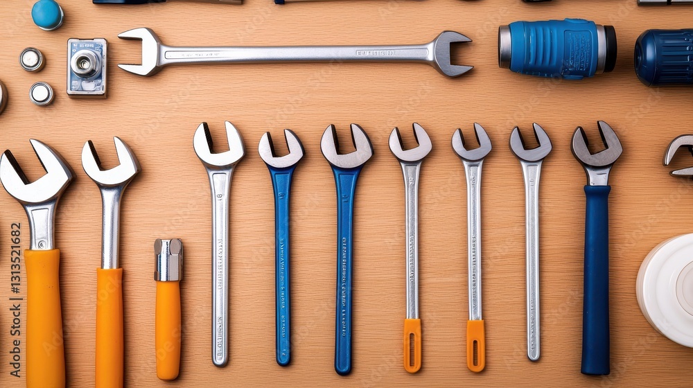 Poster a collection of various wrenches and tools arranged neatly on a wooden surface, showcasing their dif